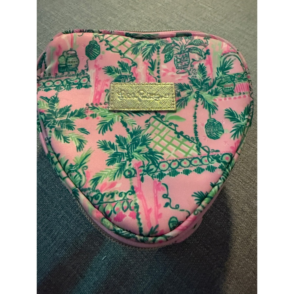 Lilly Pulitzer Heart Shaped Cosmetic Bag Pink Green Tropical Palm Tree Print‎